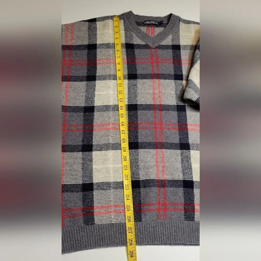 Nautica Vintage Wool V-Neck Navy Gray Red Windowpane Plaid Sweater Men's Large